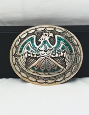 Rare J. Nezzie Navajo 65g Silver Turquoise  Chip Inlay, Eagle BeltBuckle, Signed picture