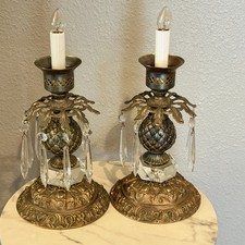 VTG Pair Hollywood Regency Pineapple Crystal Prism Boudoir Lamps Brass Tone 12” picture