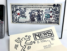 KEITH HARING - Signed Dollar Bill 1987 w/ Signed Flyer 1985 two Red Hearts picture