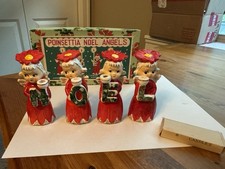Vintage Commodore Ceramic Christmas NOEL poinsettia Angel Candle Holders,box,can picture