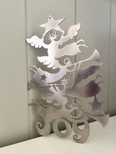 Vtg Don Drumm Signed Aluminum Laser Cut Christmas Ornament “Joy” Angels Trumpets picture
