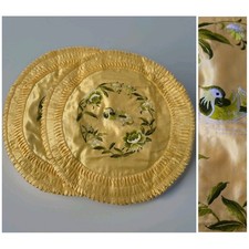 Vtg Pair Of Silk Embroidered Pillow Cases, Yellow & Green, Romantic, 18.5