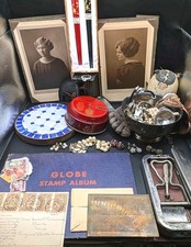Vintage Estate Junk Lot Jewelry Razor Bank Cabinet Cards Stamps Collectibles Ect picture