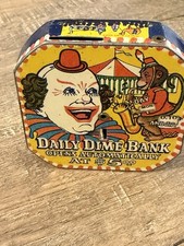 Vintage Clown Tin Litho Daily Dime Bank Clown Circus Mechanical Coin Bank picture