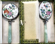 Vintage Chinese Hand Mirror Pair Jade-Like Handles Porcelain Birds Boxed picture