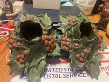 2 Antique 1921 Christmas Cast Iron Holly Candle Holders Lulu Verharen Lavell LVL picture