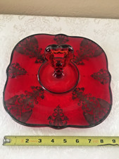 Vtg Paden City Red Glass   silver deposit design serv ing dish center handle 10 picture