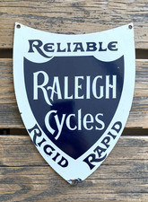 VINTAGE RELIABLE RALEIGH CYCLES RIGID RAPID GAS OIL PORCELAIN GASOLINE AD SIGN picture