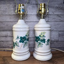 Pair of Vintage Mid Century Ceramic Table Lamps 12 In White Green Ivy Leaf Gold picture