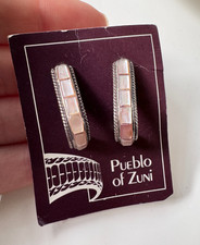 Vintage Zuni Miranda Peynetsa Pink MOP Inlay Sterling Marked Hoop Earrings Card picture
