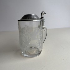 Vintage German Glass Beer Stein Pewter Lid Made in Western Germany Etched Mug picture