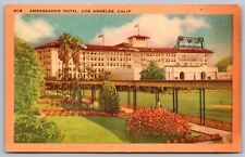 Los Angeles California Ambassador Hotel Building Streetview Linen WOB Postcard picture
