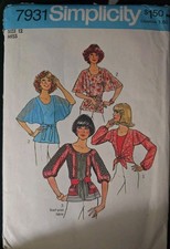 Vintage 1977 Simplicity Blouse Top Sewing Pattern 7931 Size 12 Miss Uncut Rare picture