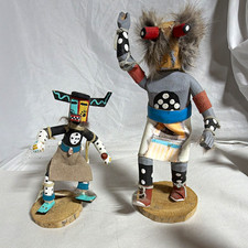 Hopi Handmade Hand-Painted Kachina Style Doll Figures Pair Signed Wood Bases picture