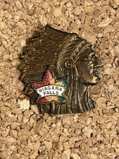 ANTIQUE VINTAGE COPPER INDIAN HEAD NIAGARA FALLS ENAMEL MAPLE LEAF SOUVENIR PIN picture