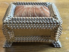 Antique Tramp Art Chip Carved Wood Sewing Box Large Pincushion Folk Art picture
