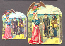 Judaica 2 RARE Old Litho. Die Cuts-Lady Liberty Welomes Refugees Small & Medium picture