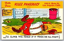 Hello From Velez Pharmacy Los Angeles CA Drunk Man Climbs Fence 1963 Postcard H5 picture