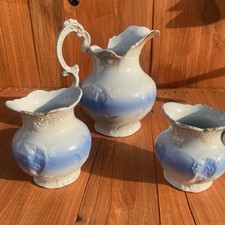 Antique Etruria Mellor & Co 3 Pc Vanity Wash Set Blue Gold Trenton NJ c1900 picture