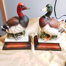 Pair Duck Bird Figurines, Ceramic on ceramic base 9 1/4