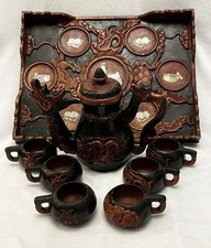 VTG Yixing Chinese Shoushan Stoneware Dragon Tea Set & Tray Mother of Pearl Rare picture
