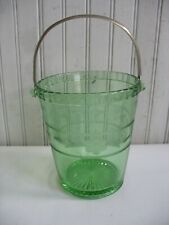 Vtg depression glass GREEN etched Art Deco ice bucket pail w metal handle Barwar picture