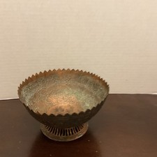 Vintage Etched Brass Pedestal Bowl 6” Scalloped Rim India picture