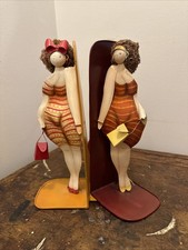 RARE Vtg Curvy Voluptuous Bathing Beauty Bookends Pair Big Hair Ladies 3D Metal picture