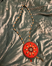 Vintage Hand Beaded Medallion Necklace Hide Backing Large Glass Trade Beads picture