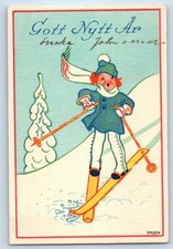 c1910's New Year Boy Skiing On Winter Scene Persson Tiny Sweden Antique Postcard picture