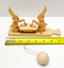 Russian Bogorodskoye Carved Wood Bunnies Sandbox Mechanical Rezcik Toy See Video picture