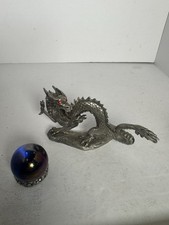 Vintage Hudson Pewter Chinese Dragon 1986 #3907 Red Jewel Eyes With Orb & Stand picture