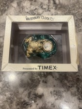 Waterbury Clock Co. Gold Bejeweled Frog Lilly Pad Snall Desk Clock Box & Instr picture