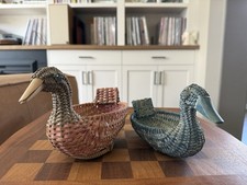 Vintage Set of 2 Woven Wicker Duck Baskets Wood Beak Cottage Farmhouse Blue Pink picture