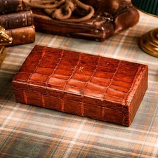 Handsome Antique Victorian Brown Alligator Leather Jewelry Trinket Box picture