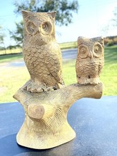 Vintage Mid Century Brass Owl & Owlet On Log Detailed Etchings 2.2 lbs/7” tall picture