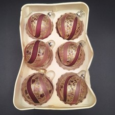 Vintage Krebs Set 6 Glass Christmas Ball Ornaments Pink Gold Original Box picture