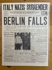 VINTAGE NEWSPAPER HEADLINE ~BERLIN FALLS SURRENDER GERMANY ITALY 1945 WW2 picture