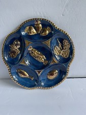 Vintage Atlantic Mold Judaica Passover Seder Plate Cobalt Blue Gold Relief picture