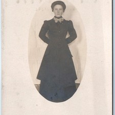 c1910s Young Woman RPPC Portrait Classy Black Dress Suit AZO Postcard picture