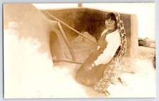 [4i4] Postcard RPPC Unused, Native American Working at Oven picture