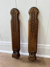 Wood Candlestick Holder Sconce Pair Wheat Grain Etched Wall Hanging Vintage picture