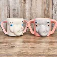 Vintage Handmade Ceramic 60's Elephant Mugs Double Handled Signed Glazed 1961 picture