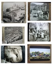 Six  Antique Lantern Slides: River Boat, Niagara, 1st Train, Sicily, Mining Town picture