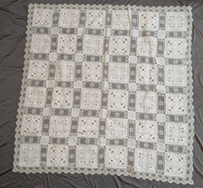 2 MATCHING ANTIQUE LINEN TABLECLOTH CUT WORK AND EMBROIDERED SQUARES WITH LACE picture
