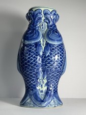 Vintage Double Koi Fish Vase Blue White Chinese Ceramic Figural Vase 14” picture