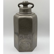 Antique 1841 Engraved Pewter Hexagonal Flask Canister HCB Floral Cross 19th C picture