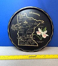 Vintage Minnesota Tin Souvenir Tray Black Gold State Map Moccasin Flower picture