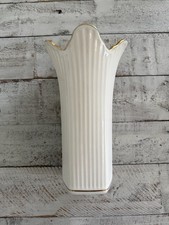 LENOX MERIDIAN VASE Ribbed with Flared Top Gold Trim Top Bottom Rim picture