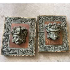 Vintage Zarebski Mexico Mayan Aztec Malachite Stone Wood Wall Art Plaques Set 2 picture